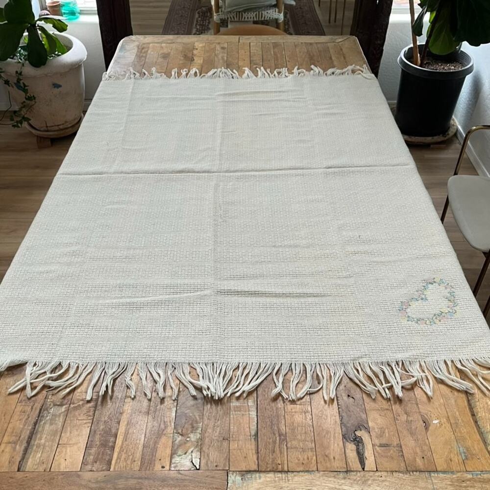 Faribo Waffle Knit Wool Blend Throw Blanket Cream Embroidered Floral Heart 53x49